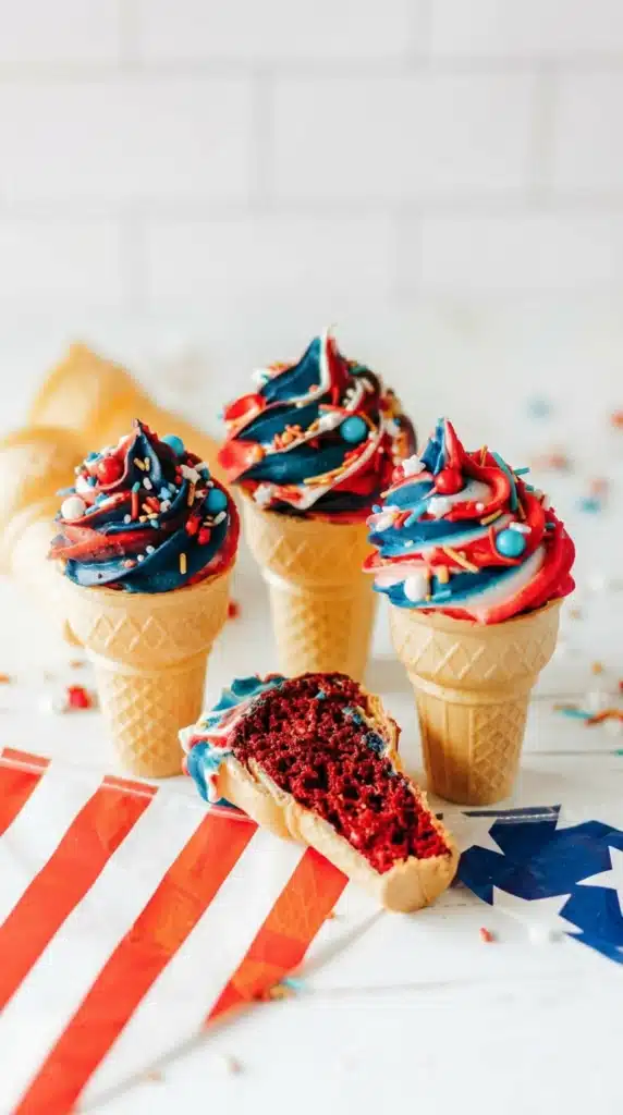 4th Of July Ice Cream Cone Cupcakes with red velvet inside and patriotic frosting