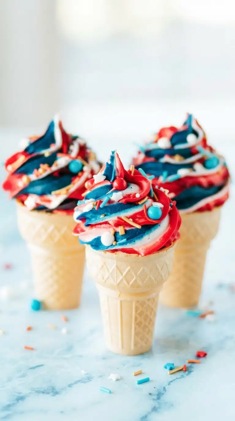 4th of July ice cream cone cupcakes with red white blue frosting and sprinkles