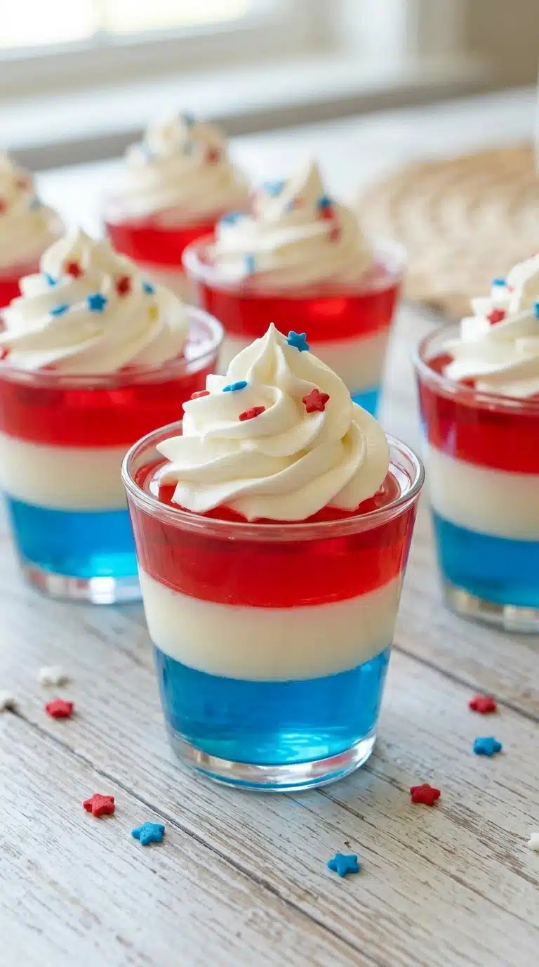 4th of July jello shots with red white and blue layers topped with whipped cream and sprinkles