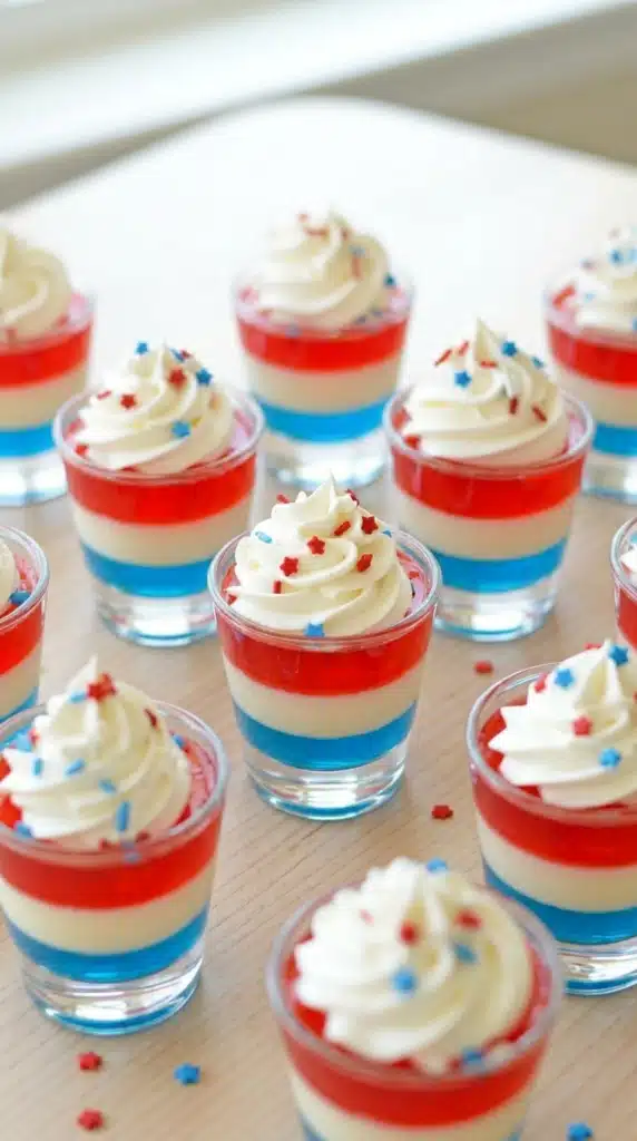 4th Of July Jello Shots Recipe with layered red white and blue colors and whipped cream topping