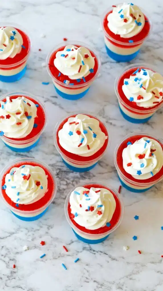 Top view of 4th Of July Jello Shots Recipe with whipped cream and patriotic sprinkles