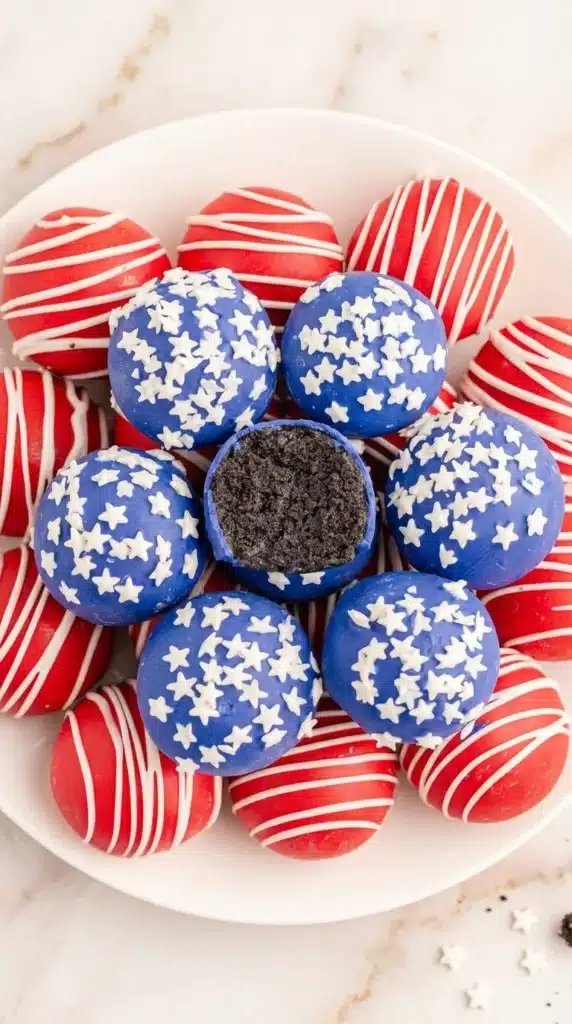 4th Of July Oreo Balls with red and blue coating and star sprinkles close up