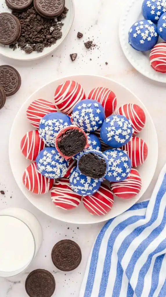 4th Of July Oreo Balls arranged on plate with red white and blue decorations