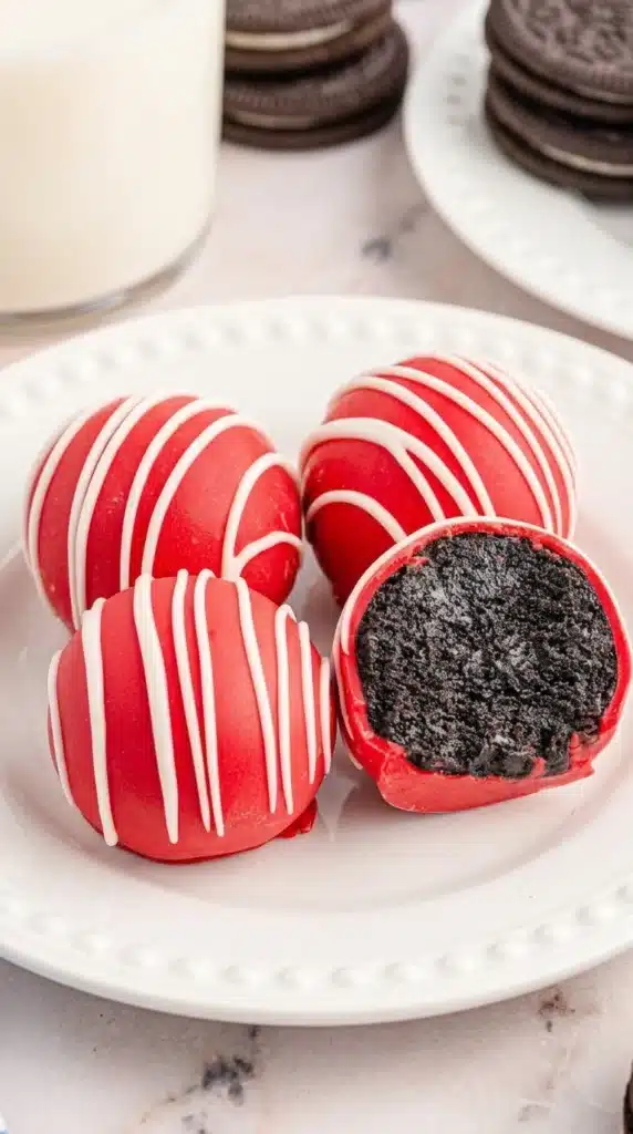 4th Of July Oreo Balls cut open showing creamy chocolate filling