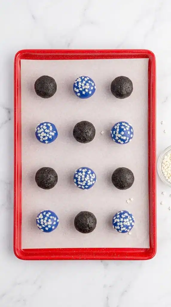 4th Of July Oreo Balls rolled and ready for coating on baking tray