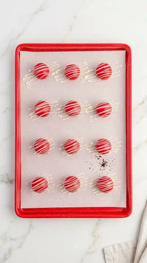 4th Of July Oreo Balls with red coating and white drizzle on tray