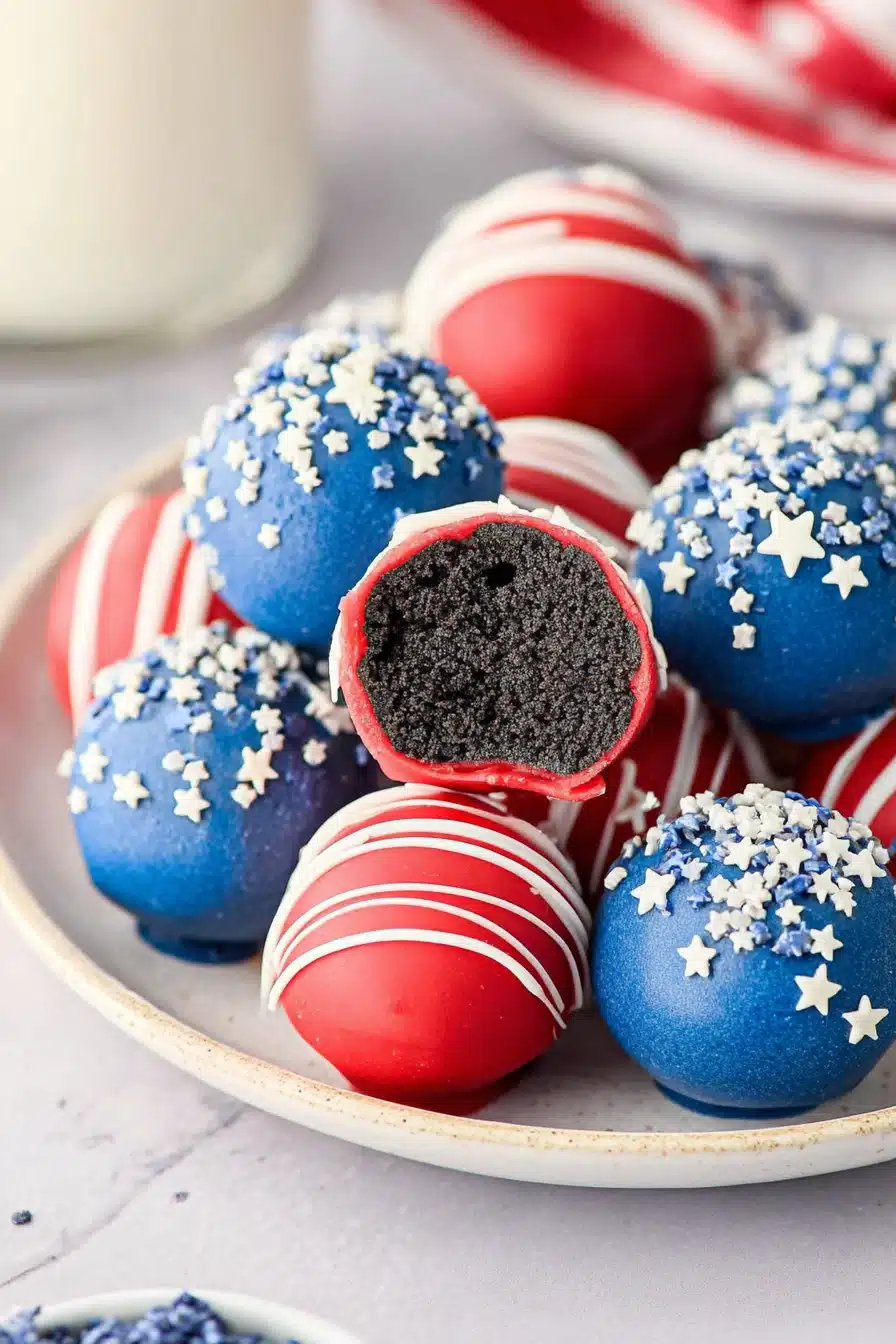 4th of July Oreo balls with red and blue coating and white sprinkles on a plate