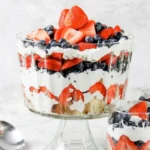 4th of July Berry Trifle with strawberries, blueberries, cream, and cake layers
