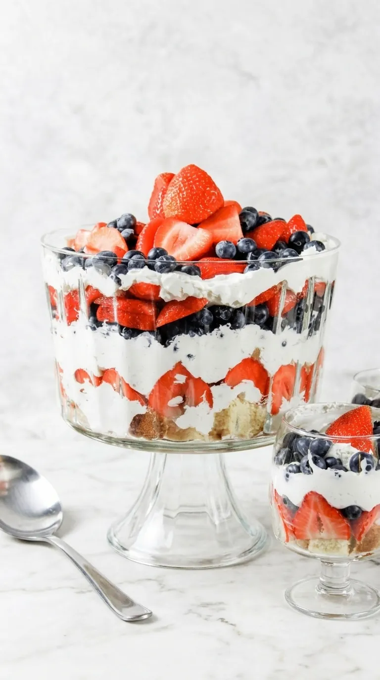 4th of July Berry Trifle with strawberries, blueberries, cream, and cake layers