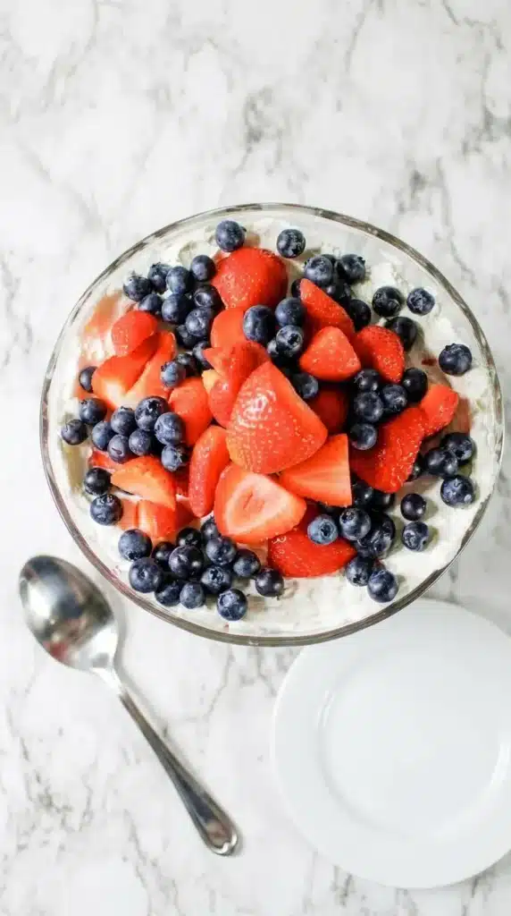 4th of July Berry Trifle topped with strawberries and blueberries