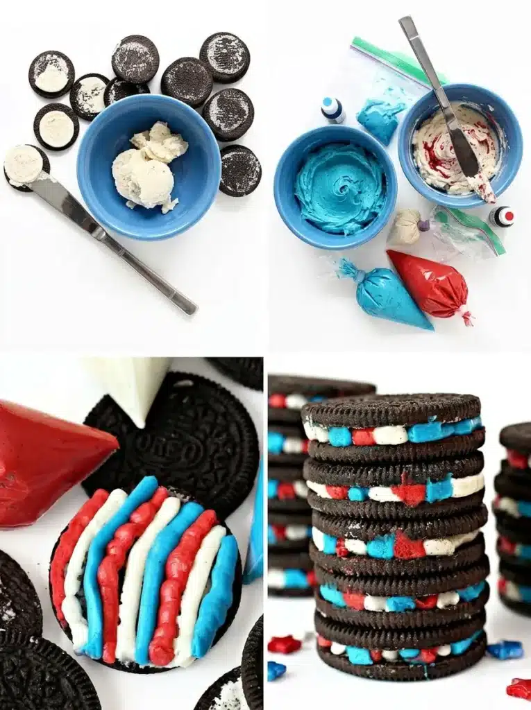 Preparing patriotic sandwich cookies for 4th of July Brownies