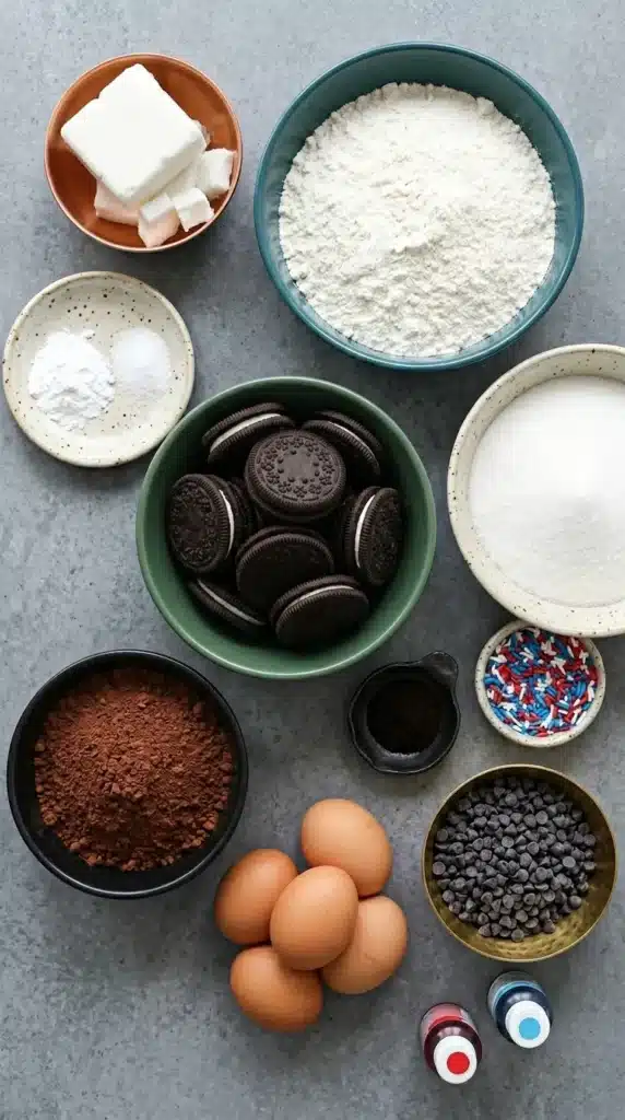 Ingredients for 4th of July Brownies arranged in colorful bowls