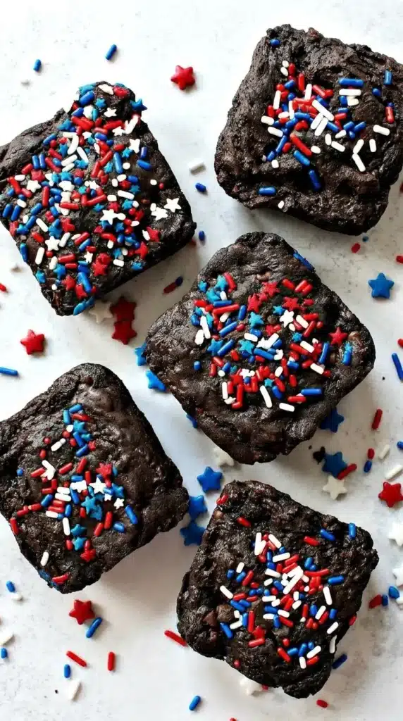 Fudgy 4th of July brownies with red white and blue sprinkles on a festive dessert table