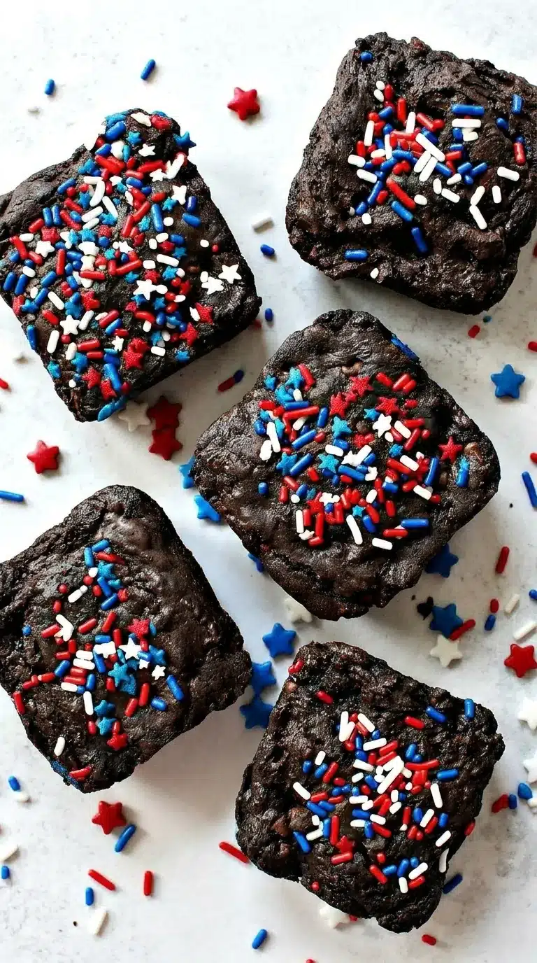 Fudgy 4th of July brownies with red white and blue sprinkles on a festive dessert table