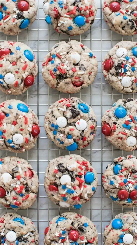 4th of July cookies with Oreo chunks and red white blue candies on cooling rack