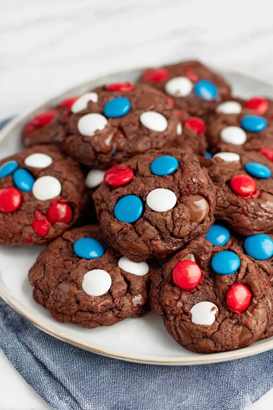 4th of July cookies with chocolate base and red white blue candy on plate