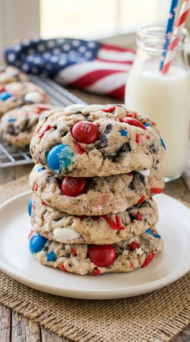 4th of July cookies with Oreo chunks and red white blue M&Ms stacked on plate