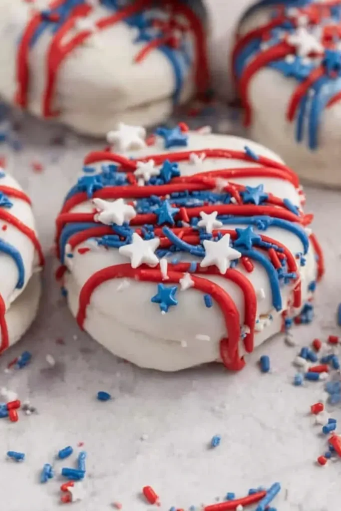 4th of July Oreos dipped in white chocolate with red and blue drizzle and sprinkles