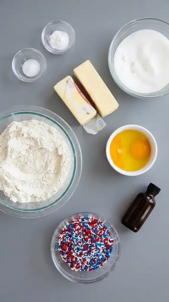 Ingredients for 4th of July Sprinkle Cookies with patriotic sprinkles and baking essentials