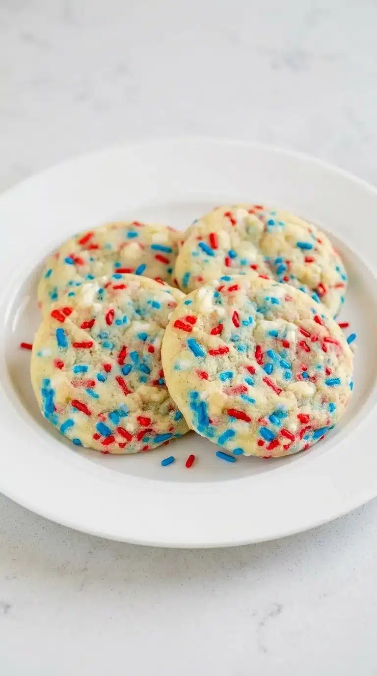 Soft 4th of July Sprinkle Cookies with red white and blue sprinkles stacked on parchment paper