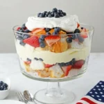 4th Of July Berry Trifle with strawberries, blueberries, whipped cream, and angel food cake