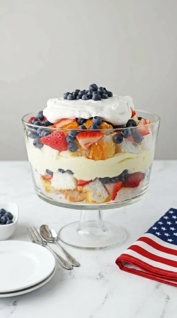 4th Of July Berry Trifle with strawberries, blueberries, whipped cream, and angel food cake