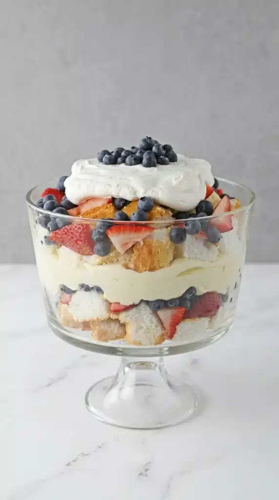 4th Of July Berry Trifle served in a glass bowl with fresh strawberries and blueberries