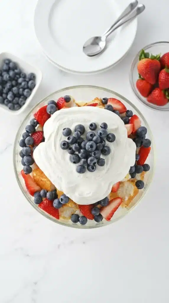 4th Of July Berry Trifle topped with whipped cream and fresh blueberries