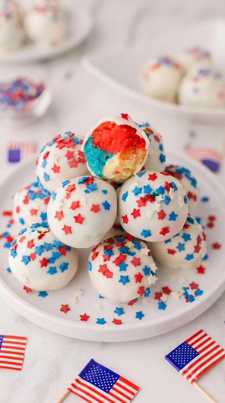4th of July Cake Pops for Fun Summer Parties 5 4th of July cake pops with white chocolate coating and patriotic star sprinkles