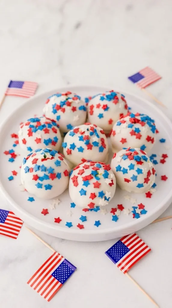 4th of July Cake Pops for Fun Summer Parties 7 4th of July Cake Pops with white chocolate and patriotic sprinkles on serving plate