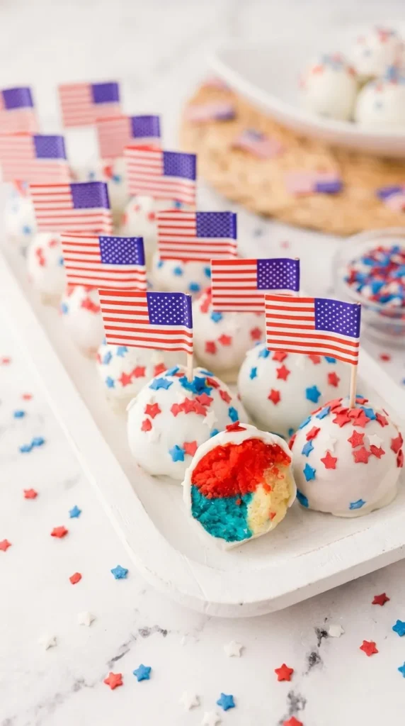 4th of July Cake Pops for Fun Summer Parties 8 4th of July Cake Pops with patriotic flags and white chocolate coating