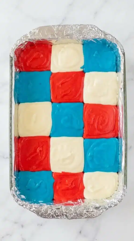 4th of July Red White and Blue Cheesecake Bars swirl design in baking pan