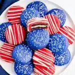 4th of July chocolate covered Oreos with red white and blue candy coating