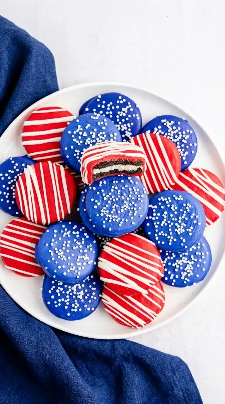 4th of July chocolate covered Oreos with red white and blue candy coating