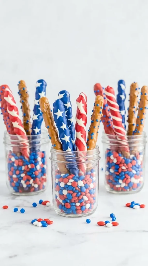 4th of July Chocolate Covered Pretzel Rods in mason jar with patriotic candy coating