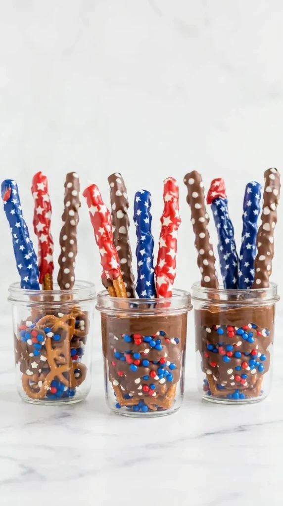 4th of July Chocolate Covered Pretzel Rods with patriotic star candy coating in glass jar