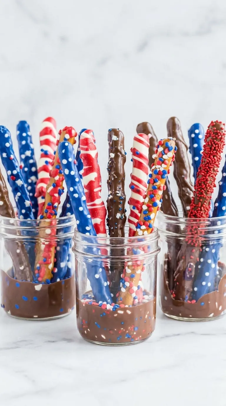 4th of July chocolate covered pretzel rods with patriotic candy coating and festive sprinkles