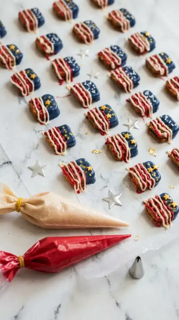 4th Of July Chocolate Covered Pretzels With Caramel decorated with candy drizzle