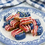 4th of July chocolate covered pretzels with caramel and patriotic candy drizzle