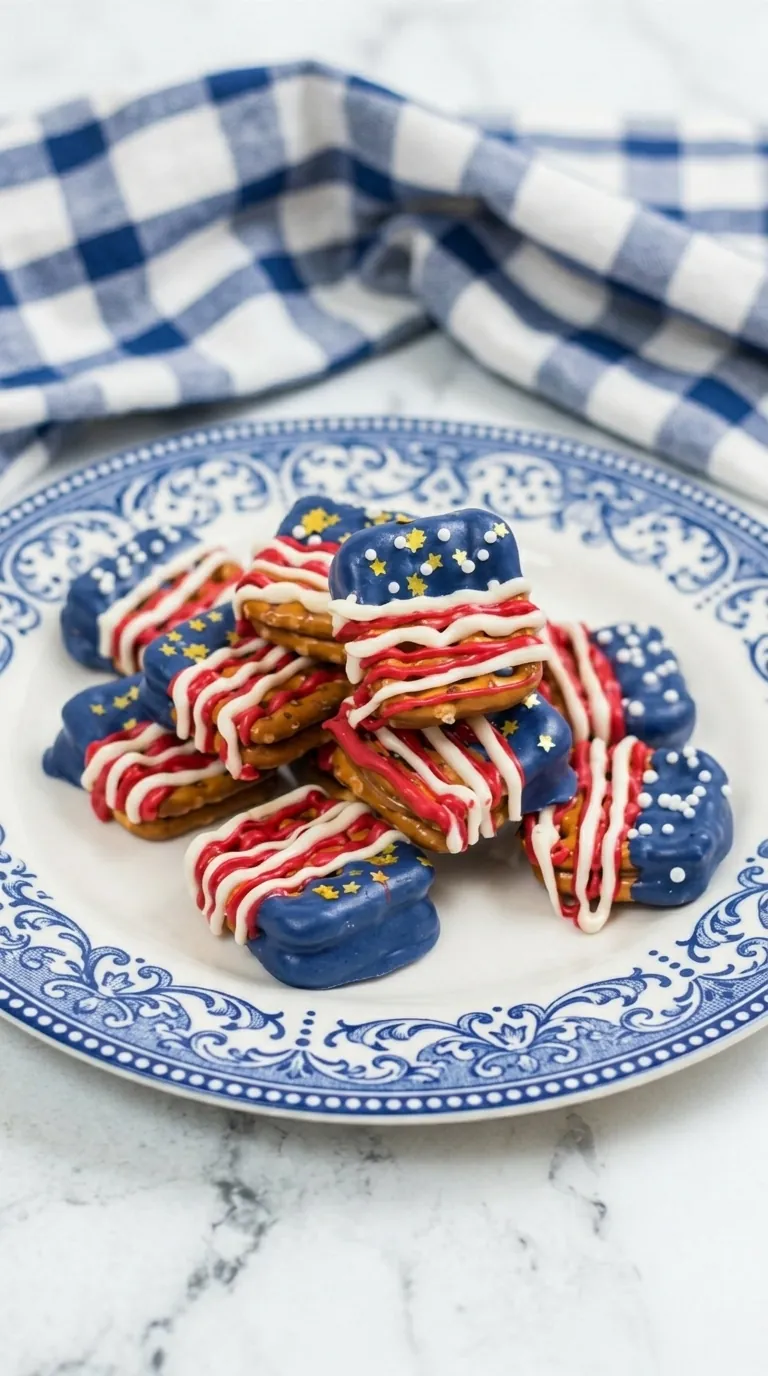 4th of July chocolate covered pretzels with caramel and patriotic candy drizzle