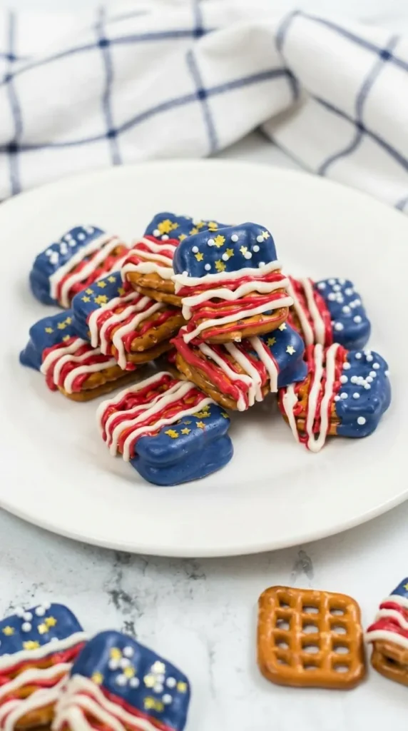 4th Of July Chocolate Covered Pretzels With Caramel party serving platter