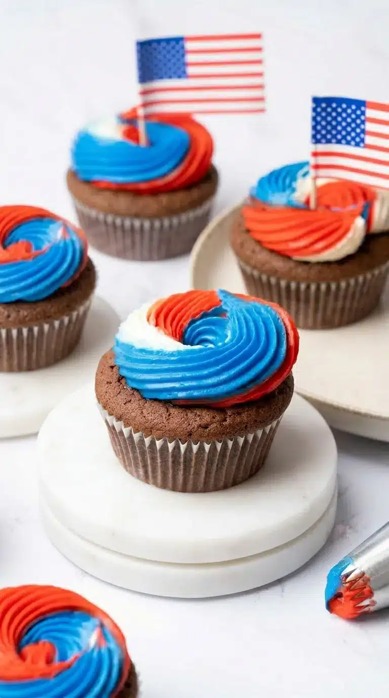 4th of July cupcakes with red white and blue frosting swirl on chocolate base