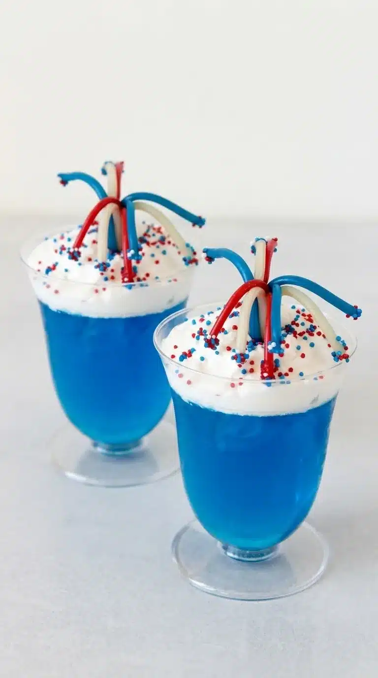 4th of July Dessert Fireworks Jello Cups with whipped cream and patriotic sprinkles