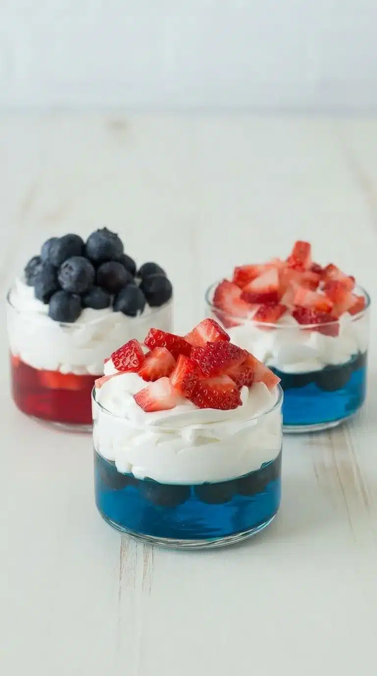4th of July Fruit and Jello Cups with whipped cream, strawberries, and blueberries