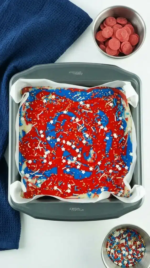4th Of July Fudge Recipe in baking pan with patriotic sprinkles