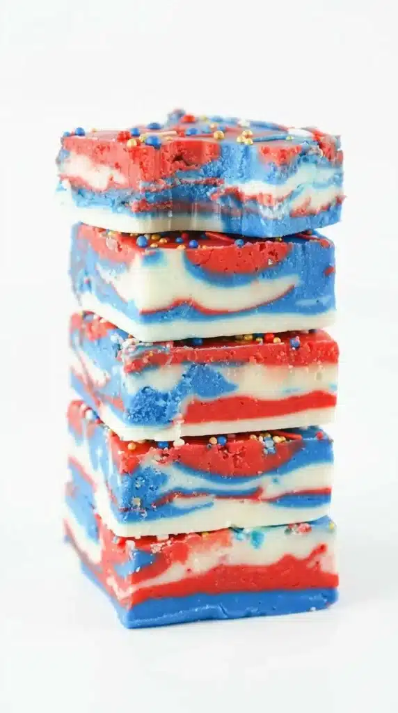 4th of July fudge squares with red white and blue swirls and patriotic sprinkles