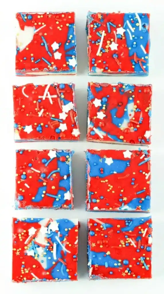 4th Of July Fudge Recipe stacked red white and blue fudge squares