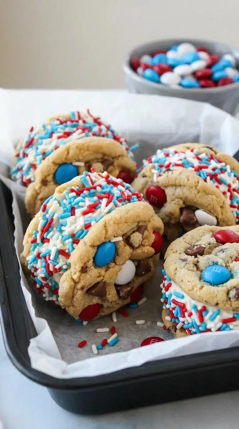 4th of July ice cream cookie sandwiches with patriotic sprinkles and vanilla ice cream filling