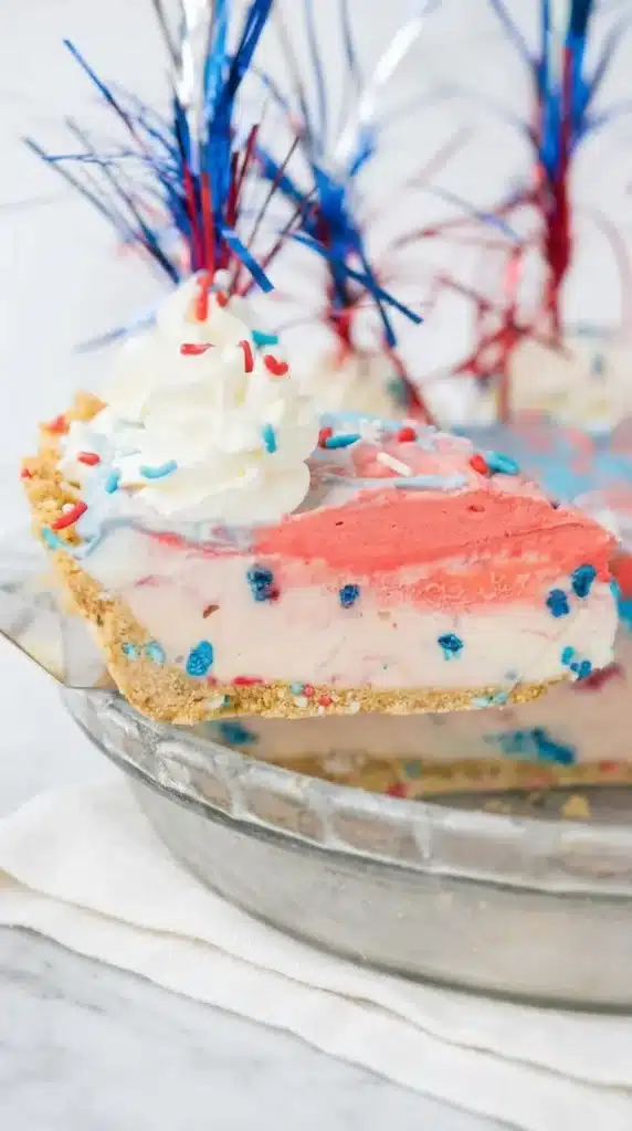 4th of July Ice Cream Pie slice with red white and blue creamy layers