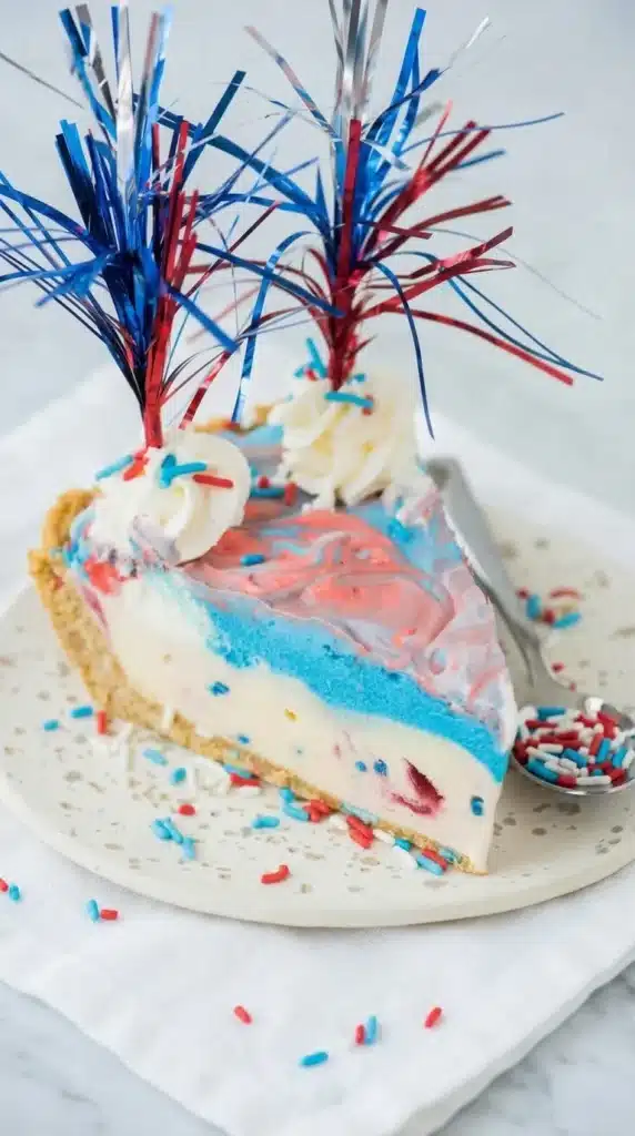 4th of July Ice Cream Pie slice with patriotic swirls and whipped cream